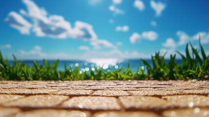 Blurred foreground of a stone path with a vibrant ocean view, lush grass, and a bright blue sky with scattered clouds in the background.