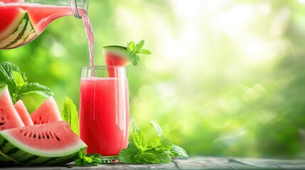 Poster - Refreshing watermelon juice served with mint leaves in a vibrant, natural setting.