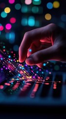 Aufkleber - Close-up of a hand interacting with vibrant digital interface, representing technology, innovation, and future advancements.