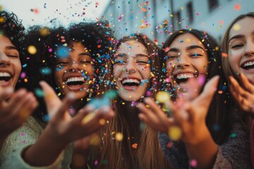 Group of people celebrate together having a lot of fun blowing coloured confetti - friendship and diversity ages generation laugh and smile on party -, Generative AI