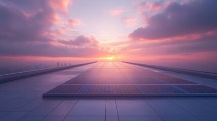 Wall Mural - Simple AI-driven solar panel system on a clean rooftop, minimal scene with soft light, large copy space around, copy space for stock photo with minimal concept, No logo, No Trademark, No text