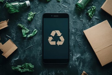 Wall Mural - simple ai-driven waste reduction app on a smartphone, minimalistic background with large blank space