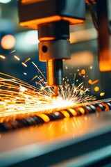 Poster - Close-up of industrial CNC machine cutting metal with bright sparks flying in a factory setting.