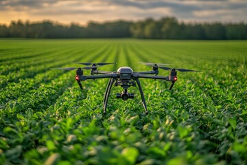 Wall Mural - Minimal AI-powered drone surveying crops over a green field, soft natural light, ample copy space around, copy space for stock photo with minimal concept, No logo, No Trademark, No text