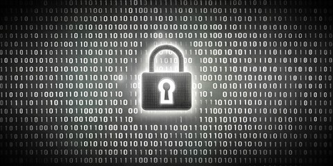 Binary code with a digital padlock symbol.