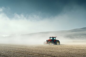 Wall Mural - Minimal AI-driven tractor in a clean field, soft morning light, abundant empty space for text or design, copy space for stock photo with minimal concept, No logo, No Trademark, No text