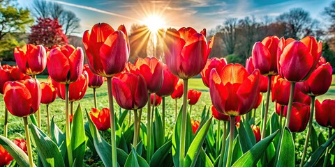 Poster - Vibrant red tulips under a sunny sky.