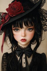 Digital painting of a girl with red lips, black hair, and a large rose on her hat in gothic style