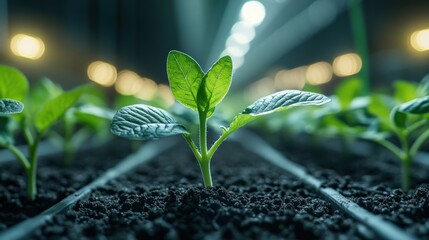 Wall Mural - single ai-driven sensor monitoring plant growth, minimalistic scene with soft light and ample copy s