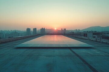 Wall Mural - minimal ai-driven solar panel array on a rooftop, soft morning light, abundant empty space for text 