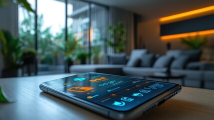 Simple AI-powered energy management app on a smartphone, minimal scene with large copy space around, copy space for stock photo with minimal concept, No logo, No Trademark, No text