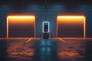 Wall Mural - minimal ai-powered electric vehicle charging station, soft natural light, large area of empty space 