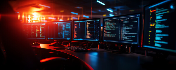 A modern code development workspace featuring multiple screens displaying colorful programming code and dynamic lighting.