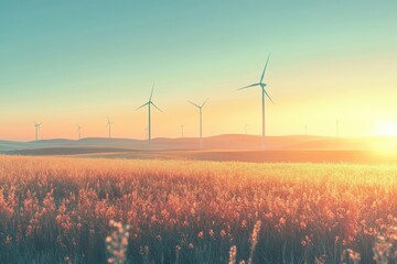 Wall Mural - minimal ai-driven wind farm in the distance, soft natural light, abundant empty space around for cop
