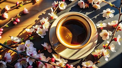 Sticker - Cup of coffee with delicate spring blossoms.