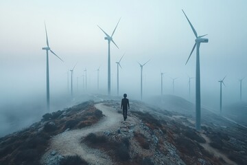 Wall Mural - minimal ai-driven wind farm in the distance, soft natural light, abundant empty space around for cop