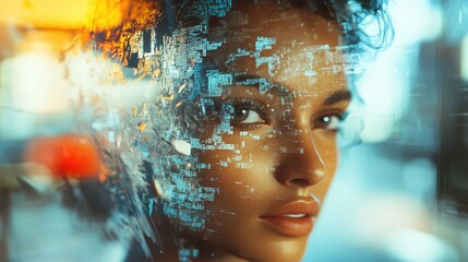 Broken image, diffracted through pixelated glass, of a CGI woman, that becomes an avatar. No model was used. Basic CGI mannequins were blurred by blocky glass material 