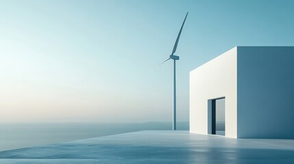 Wall Mural - single ai-driven wind turbine in a clean, sustainable landscape, minimalistic scene with large blank