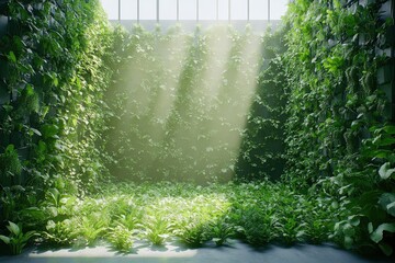 Wall Mural - minimal ai-controlled smart farm with vertical gardens, soft morning light, abundant empty space for