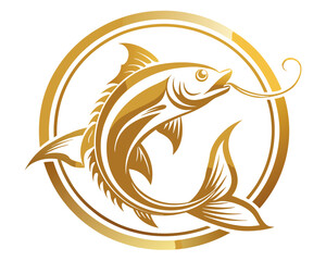 Gold circle fishing logo luxury and elegant logotype vector art illustration 