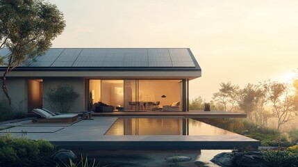 Wall Mural - simple ai-driven solar panel installation in a clean, sustainable home, minimal scene with large bla