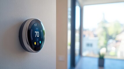Wall Mural - single ai-driven smart thermostat optimizing energy for sustainability, minimal home scene with ampl