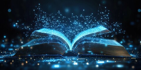 Open Book With Blue Digital Lines Emitting From Pages