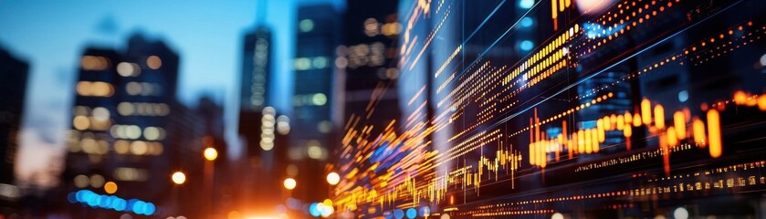Aufkleber - A dynamic cityscape at night with blurred lights and a digital stock market graph overlay, representing financial market activity.