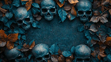 An artistic composition of skulls among autumn leaves with an eerie dark textured background, perfect for Halloween themes and creating a sense of mystery and spookiness.