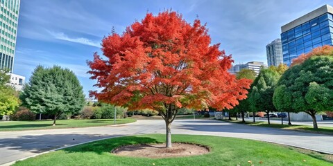 Wall Mural - Vibrant red tree in a city park setting.