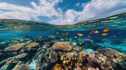 A vibrant coral reef teeming with colorful fish in crystal-clear tropical waters.