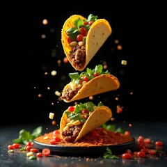 beef filling tacos dramatic falling ingredients and extra dramatic display with luxury serving black background