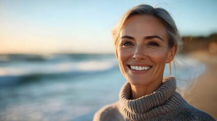 Canvas Print - A smiling woman at the beach during sunset.