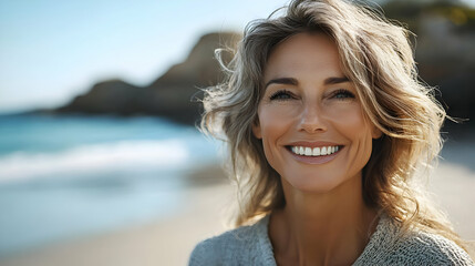 Canvas Print - A smiling woman on a beach, enjoying a sunny day by the ocean.