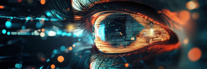 Close-up of a Human Eye with Digital Data Reflected in the Iris