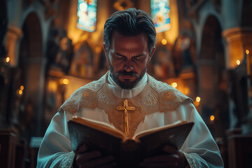 Wall Mural - Photograph of a priest standing in a church reading scriptures