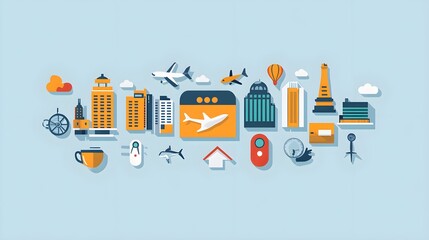 Wall Mural - flat design of a travel app with consistent icon style and color usage