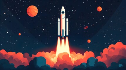 Wall Mural - flat design of a rocket launching into space with bold colors