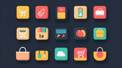 Wall Mural - flat design of a shopping app with cart, wishlist, and payment icons