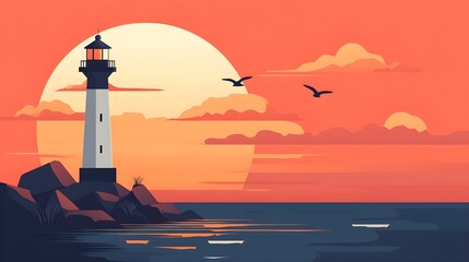 Wall Mural - flat design of a lighthouse by the sea with simple shapes