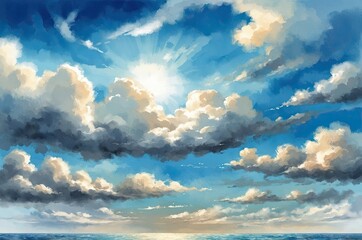 Sea landscape art vector background with blue sky and white clouds.