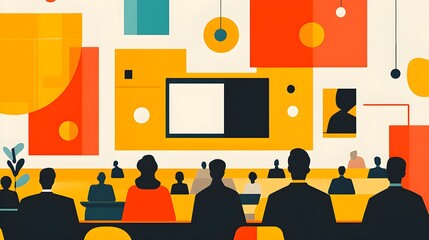 Wall Mural - a flat design of a tech conference banner with uniform line thickness and color scheme