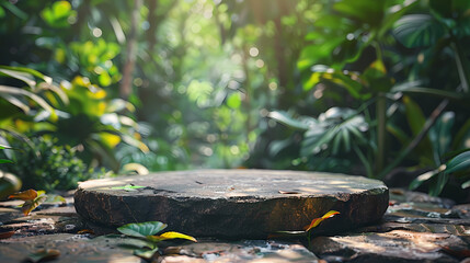 Wall Mural - Stone podium on rock platform 3d illustration, product display stand on grey rock pedestal, green forest and blurred background, natural scenery landscape.