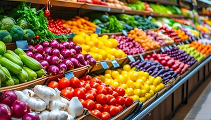 Vibrant grocery store filled with colorful fresh produce in bright and cheerful ambiance