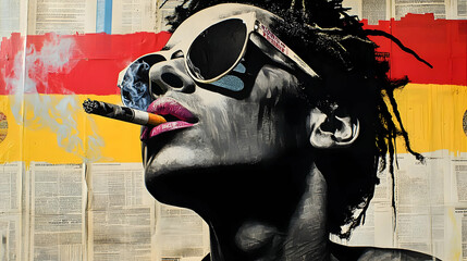 Wall Mural - A striking portrait of a person with sunglasses smoking a cigarette.