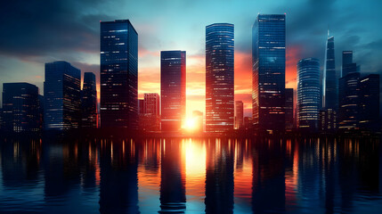 Poster - A stunning city skyline at sunset reflecting on water.