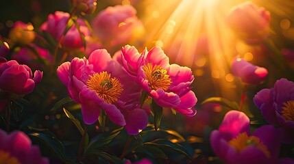 Poster - Close-up view of magenta and golden peony flowers in a garden, with lighting that brings out their rich colors and intricate details