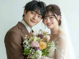 Canvas Print - A Japanese couple posing for wedding photos. The man is wearing an elegant brown suit and white shirt, with his head tilted back while holding flowers in one hand.