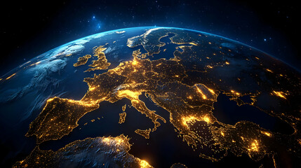 Wall Mural - A stunning view of Europe illuminated at night from space.