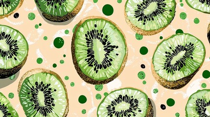 Vibrant Kiwi Slices with Minimalist Polka Dot Background